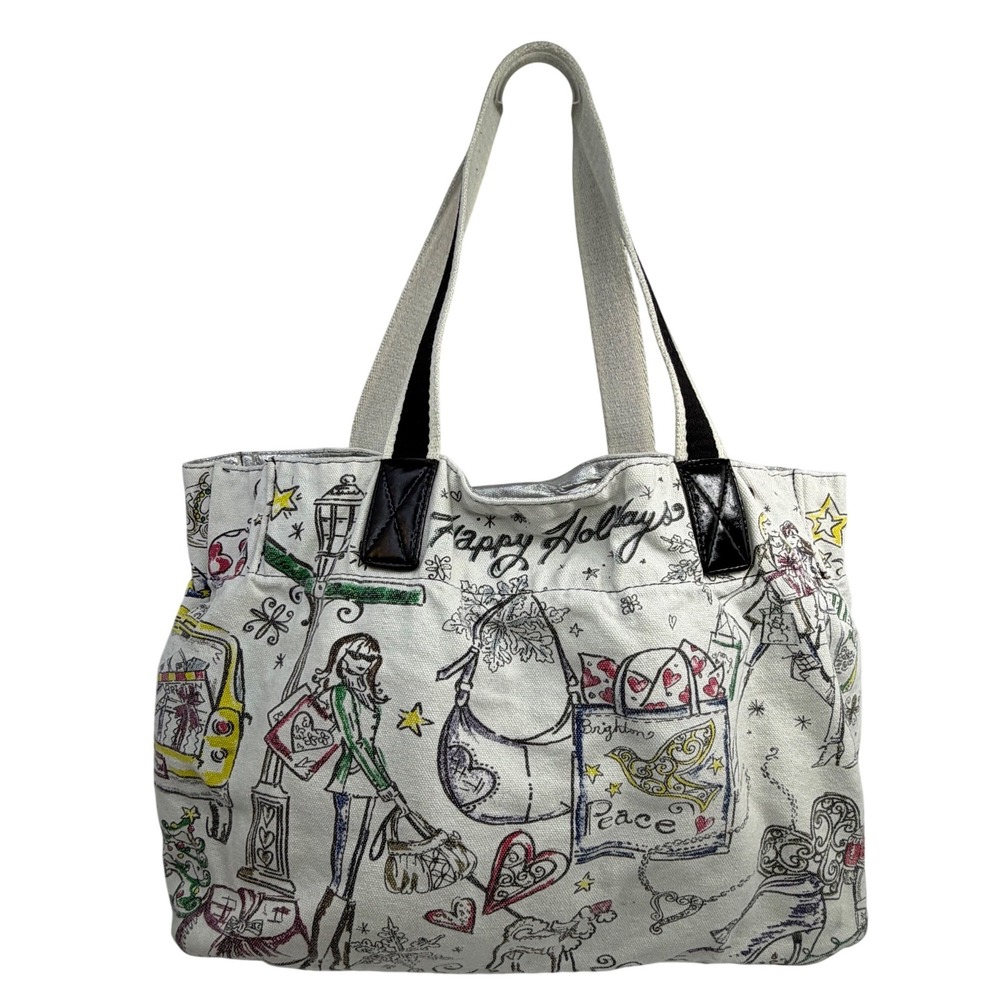 Brighton Happy Holidays Canvas Tote Bag Cream Multi Sketch Print Festive Shopper
